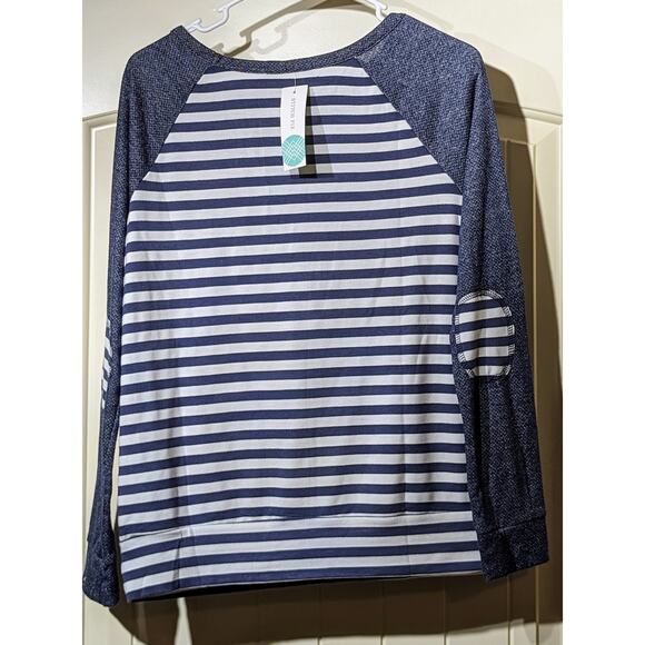 Loveappella Malbec Elbow Patch Blue Striped Knit Top Womens Sz M - Picture 2 of 12